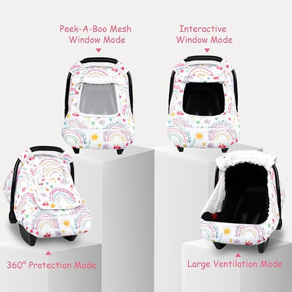 Winter Car Seat Cover Baby with Sunshade & Dual Zipper Windows - Minky Bubble Lined Windproof Soft Shell, Warm Newborn Car Seat Canopy Covers, Elastic Bottom for Stroller & Infant Car Seat, Rainbow