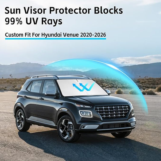 Windshield Sun Shade for Hyundai Venue 2020-2026 Sunshade 300T Windshield Cover Shield Protector Blocks UV Rays Custom Fit Venue Front Window Shades Windshield Accessories Keep Cool Foldable