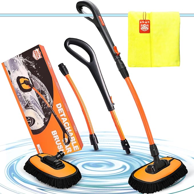 Car Wash Brush with Long Handle, Chenille Microfiber Car Wash Mop Kit, Scratch Free Car Cleaning Supplies with Ergonomic 15掳 Curved Extension Pole for RV Truck Boat Windshield - Orange