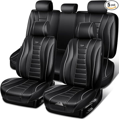 CAR PASS Universal Fit Piping Leather Seat Covers for Cars SUV Trucks, Waterproof Nappa Leather Car Seat Covers Full Set, 3D Foam Cushions Seat Cover Luxury&Comfort&Durable Airbag Compatible, Black