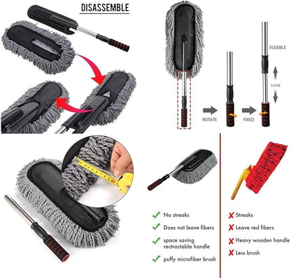 Removable Telescopic Car Wax Drag Nano Fiber Wash Brush Dusting Tool Mop Dash Duster Exterior Interior Cleaning Kit (Premium Duster 1 Pcs Set, Blue)