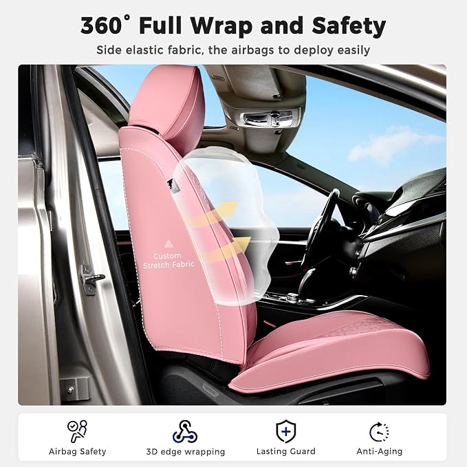 Huidasource Pink Car Seat Covers Full Set, Car Seat Covers Front and Rear Seat, Full Coverage Waterproof Leather Car Seat Cushion Cover Protector Universal Fit for Most Cars SUV Trucks