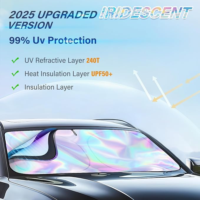 Iridescent Sun Shade for Car Windshield, Foldable Universal Car Windshield Upgrade Sunshade Enhanced UV Rays Reflective Sun Visor Shade Keeps Vehicle Cool