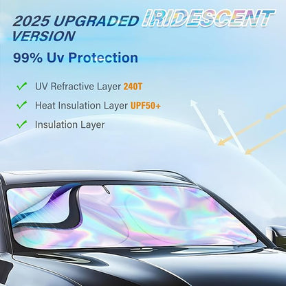 Iridescent Sun Shade for Car Windshield, Foldable Universal Car Windshield Upgrade Sunshade Enhanced UV Rays Reflective Sun Visor Shade Keeps Vehicle Cool