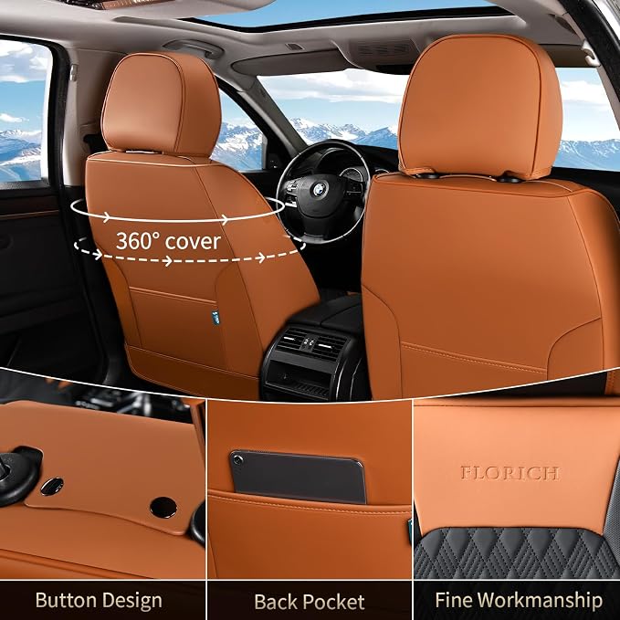 FLORICH Seat Covers, Car Seat Covers Full Set, Luxury Nappa Leather Seat Covers, Breathable and Waterproof Car Seat Protector 5 Seat, Automotive Seat Covers Universal Fit for Most Cars-Brown&Black