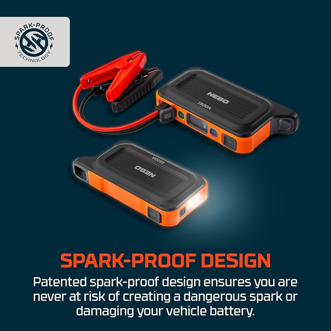 NEBO 1500A Jump Starter | 1500 Peak Amp Car Jump Starter, 29.9Wh Portable Battery Booster Pack for 12V Vehicles, Spark-Proof, USB-C Power Bank, Rechargeable, LED Emergency Light, 3-in-1 Roadside Kit