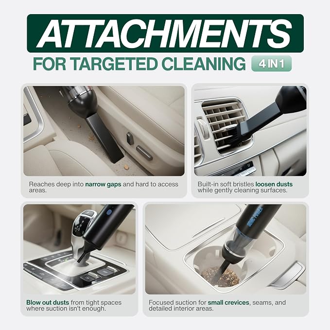 SonicPower Portable Cordless Car Vacuum, 15000Pa High Suction Handheld Vacuum Cleaner, 2-in-1 Vacuum & Blower, with 4 Attachments & Portable Storage Bag for Car, Home, Pet & Office (Black & Blue)