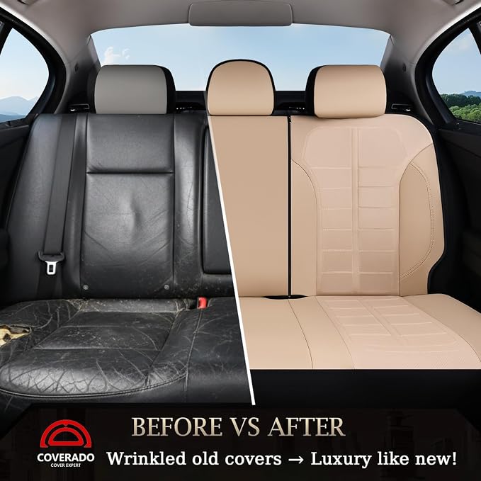 Coverado Full Set Leather Car Seat Covers, Crafted with Full Leather Construction and Carbon Fibre Weave Universal Fit for Most Cars SUV Trucks(Beige