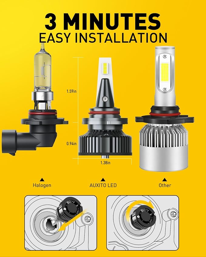 AUXITO 9005 Bulbs, 80,000LM 15X Super Output, 6500K Cool White, Long Lifespan, Adjustable Beam with Cooling Fan, Pack of 2, Plug-N-Play, Pack of 2