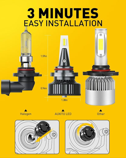 AUXITO 9005 Bulbs, 80,000LM 15X Super Output, 6500K Cool White, Long Lifespan, Adjustable Beam with Cooling Fan, Pack of 2, Plug-N-Play, Pack of 2