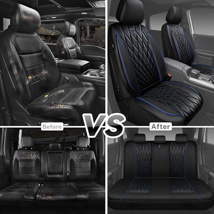 CAR PASS Piping Luxury Leather Seat Covers Full Set,5 Seats Anti-Slip Waterproof Seat Covers Compatible with Front Armrests,Universal Fit for Sendan SUV Van Truck,Airbag Compatible,Black and Blue