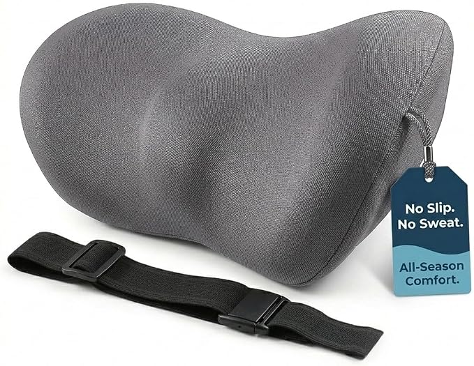 Lumbar Support Pillow for Car with Dual-Grip Stability System - Advanced Adaptive Memory Foam Back Pillow for Lower Back Pain Relief, Ergonomic Driving Seat & Office Chair Cushion, Gray