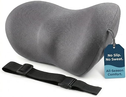 Lumbar Support Pillow for Car with Dual-Grip Stability System - Advanced Adaptive Memory Foam Back Pillow for Lower Back Pain Relief, Ergonomic Driving Seat & Office Chair Cushion, Gray