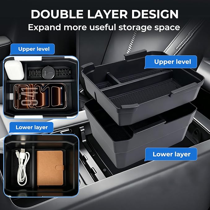 Double Layer Center Console Organizer Tray Storage Box for Subaru Outback, Interior Accessories Armrest Insert Tray for 2026 Outback, Black
