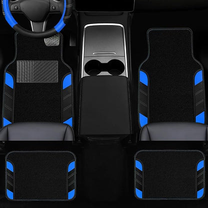 NBTEPEM 10 Pcs Car Floor Mats Full Set & Sport Leather Steering Wheel Cover 14.5-15 inch, Center Console Cover, Seat Belt Cushion, Cup Holder Coaster, Universal Automobile Interior Sets (Blue)