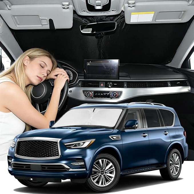 Windshield Sunshade for Infiniti QX80 2014-2024 Sun Shade Car Windshield Accessories Upgrade 4 Layers Blocks UV Rays Custom Fit QX80 240T Car Window Shades Front Windshield Keep Cool Foldable