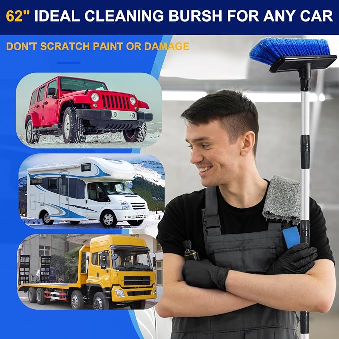 EVERRUSH 62" Car Wash Brush Mop with Long Handle, 10" Soft Bristle Scrub Scratch-Free Car Cleaning Brush Supplies Broom Kit for RV Boat Truck SUV, House Siding, Snow, Floors, Extension Aluminum Alloy