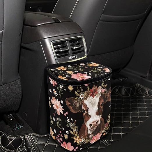 Talayituse Cow Flower Print Car Trash Can, Portable Auto Garbage Bin Multifunctional Vehicle Interior Accessories with Adjustable Straps Universal Fit Truck SUV Sedan