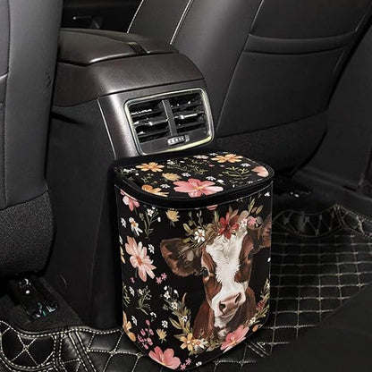 Talayituse Cow Flower Print Car Trash Can, Portable Auto Garbage Bin Multifunctional Vehicle Interior Accessories with Adjustable Straps Universal Fit Truck SUV Sedan