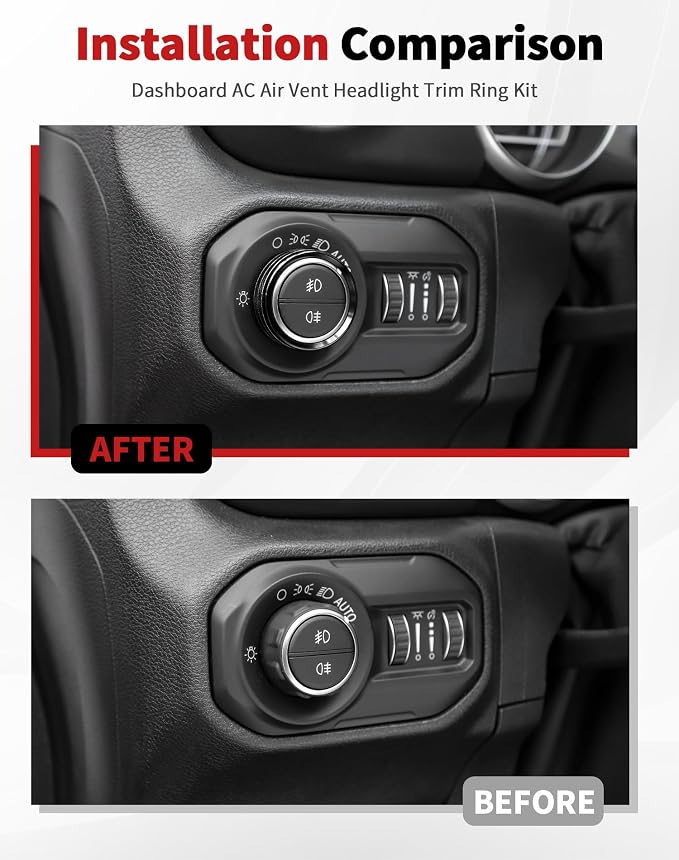 JWWY JL AC Air Vent Trim Rings & Dashboard Headlight Switch Decor Switch Knob Cover Kit Fit for 2018-2023 Jeep Wrangler JL JLU Interior Accessories, Aluminum Alloy 8PCS Black