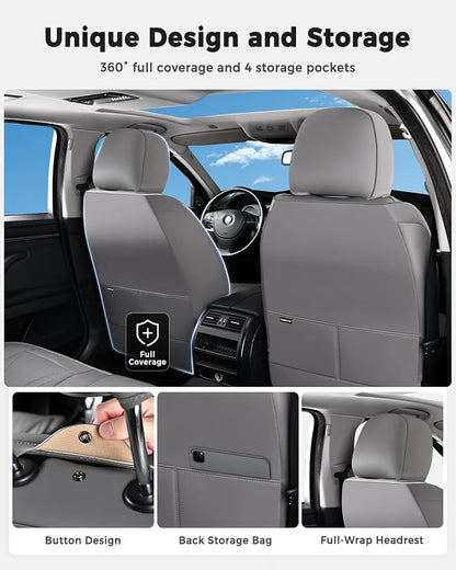 Huidasource Car Seat Covers Full Set, Universal Fit for Most Cars SUV Trucks, Full Coverage Nappa Leather Seat Cover, Airbag, Cupholder Compatible, Velcro Adjustable, Seat Function Retain, Gray