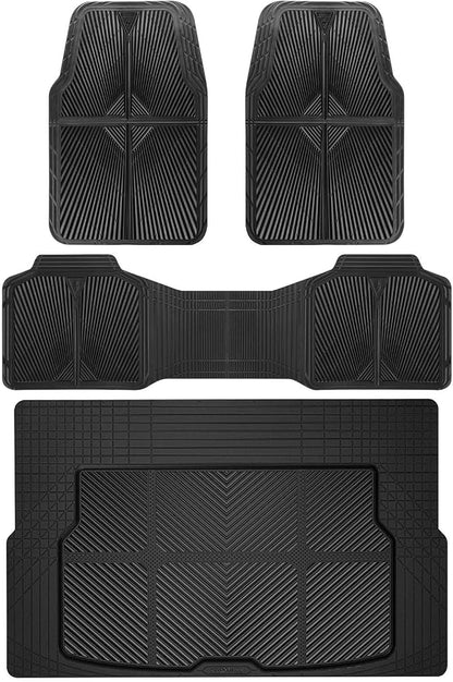 CAR PASS Rubber Floor Mats&Cargo Liner,Waterproof Trucks Mats Heavy Duty,All Weather Trim-to-Fit Automotive Mats for Cars Trucks SUV,Anti-Slip Easy Clean Durable,Full Set 5-Piece,3D Emboss All Black