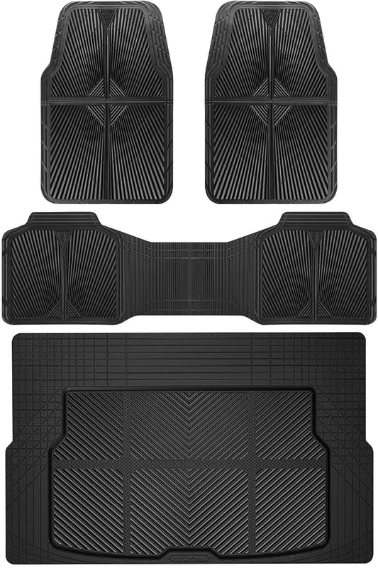 CAR PASS Rubber Floor Mats&Cargo Liner,Waterproof Trucks Mats Heavy Duty,All Weather Trim-to-Fit Automotive Mats for Cars Trucks SUV,Anti-Slip Easy Clean Durable,Full Set 5-Piece,3D Emboss All Black
