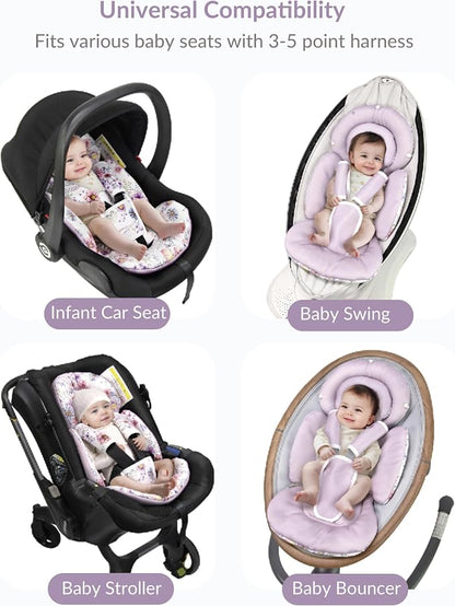 TinlyFinly Infant Car Seat Insert with Extra Cushion for Preemie to Toddler, Reversible Newborn Carseat Insert for Baby Head Body Support, Fits for Stroller, Baby Swing, Bouncer (Purple Wildflower)