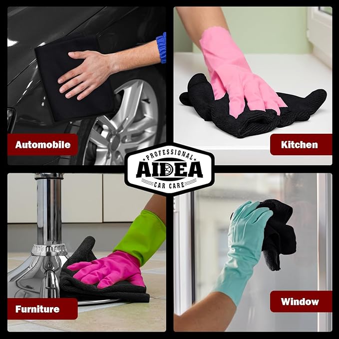 AIDEA Microfiber Cleaning Cloth Black, 800PK, Microfiber Towels for Cars, Shop Towels Cleaning Rags, Premium Wash Cloths, Absorbent Towel for SUVs, House, Kitchen, Commercial, Cleaning Supplies 12×12"