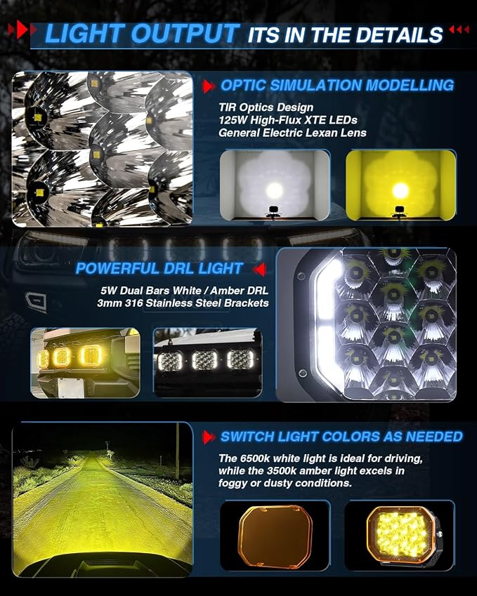 BraveWAY 5x7IN LED Driving Lights 125W 19800LM LED Offroad Lights with DRL Yellow Covers Spot Flood Combo Beam Light Pods Long Distance Output Work Light for Truck, 4WD, ATV, UTV, Pickup,Tractor
