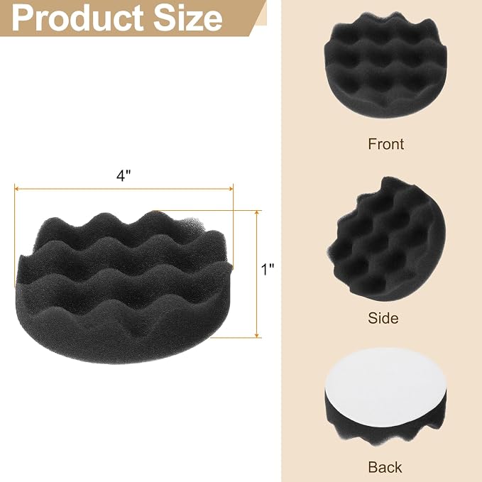 HARFINGTON 3pcs Buffing Sponge Pads 4" Polishing Wheel Waffle Finishing Grip Pad Car Buffer Polisher with Hook and Loop Back for Car Detailing Polishing Waxing, Black