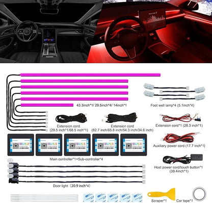 Acrylic Interior Car LED Strip Light with Wireless APP, RGB 14 in 1 with 175 inches 600 LEDs Fiber Optic Car Ambient Lighting Kits, 16 Million Colors Sound Active Function LED Strip for Car