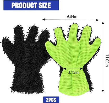 2PCS Car Wash Mitt, 5 Finger Chenille Microfiber Cleaning Mitt for Cars, Scratch-Free Auto Washing Gloves, Car Interior Exterior Cleaning Gloves, Great for Hard-to-Reach Areas (Black)