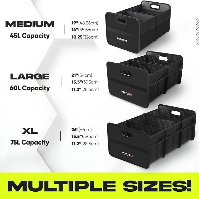 FORTEM Car Trunk Organizer, Collapsible Two Compartment Organizer, Foldable SUV & Truck Storage for Car Accessories for Women Men, Non Slip Bottom, Sturdy Side Walls, Strong Handles, 75L