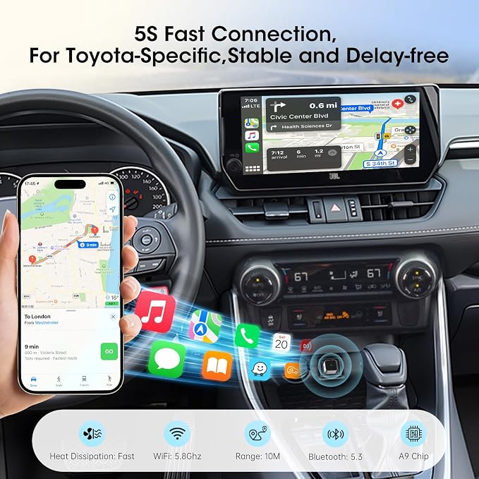 Wireless Carplay Adapter for iPhone, Convert Wired to Apple Carplay Wireless Adapter, Mini Size, Plug and Play, Connection Stable No Delay Car Play for Toyota Specific Models