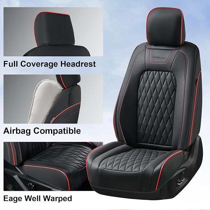 Coverado Leather Car Seat Cover, Custom Fit for Ford F150 Seat Covers, Ford F150 Truck Seat Covers Waterproof Fit for 2015-2026 F150 & 2017-2026 F250 F350 F450 Redline - Front Pair