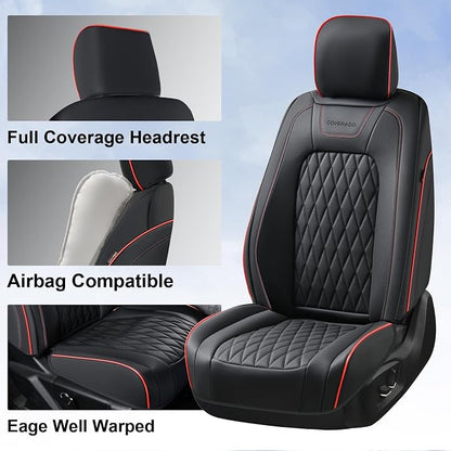 Coverado Leather Seat Covers Full Set for Ford F150F250F350F450(2015-2026)Waterproof Automotive Cushion Covers for Pick-Up Trucks Custom Fit for F150 SuperCrew&F250–F450 Super Duty Crew Cab(Red Line)