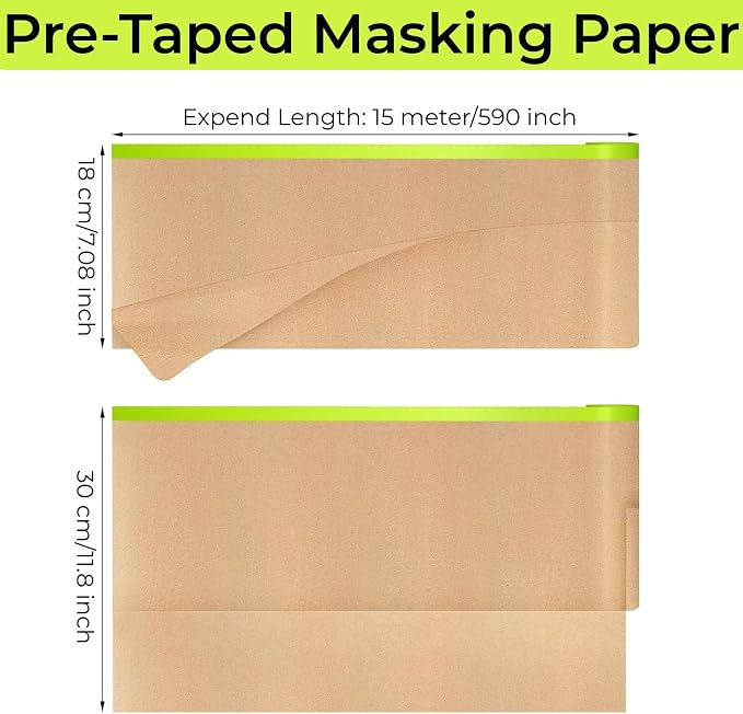 Pre-Taped Painting Masking Paper: 10 Rolls 12 Inch x 50 Feet Tape and Drape Painters Paper, Self-Adhesive Paint Protective Kraft Paper Roll