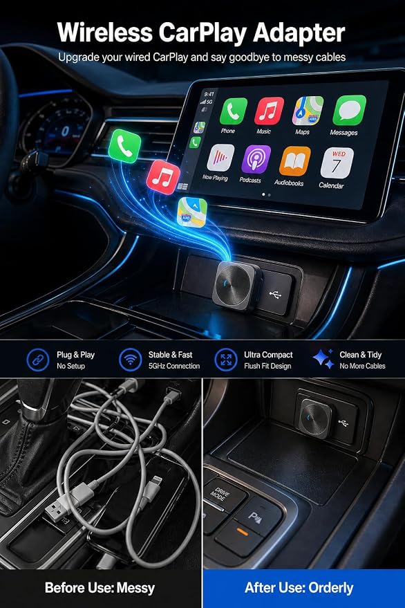 Wireless CarPlay Adapter for iPhone & Android with USB/USB-C Port, 2026 Upgraded 2-in-1 Android Auto Mini Car Play Adapter, Plug & Play Dongle, Converts Wired to Wireless, No Delay Fast Auto-Connect