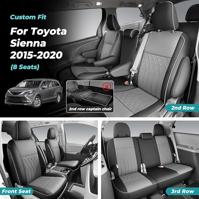 Customized for Toyota Sienna Seat Covers 2011-2020 Sienna 8 Seats 3 Row, Leather Car Seat Covers Waterproof Seat Covers Full Set for Cars, Car Seat Protectors, Airbag Compatible(BlackGrey)