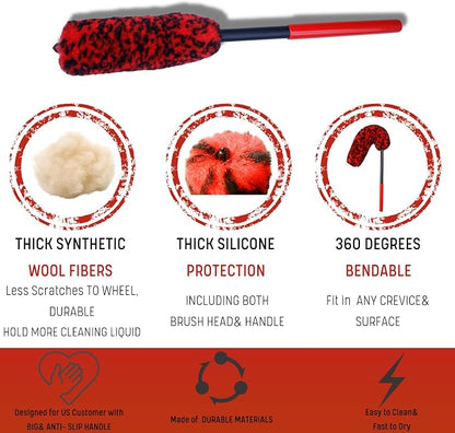 oesee Professional 4 Pack Long Handle Wheel Brush Kit for Cleaning Wheel and Tire- 2X Soft Wheel Cleaning Brush, Detailing Brush and Stiff Tire Brush, Bendable& Durable Wheel Rim Cleaner Brush Set