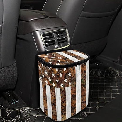 Talayituse American Flag Hunting Camo Print Car Trash Can Portable Auto Garbage Bin Multifunctional Vehicle Interior Accessories with Adjustable Straps 4th of July Decor Universal Fit Truck SUV Sedan