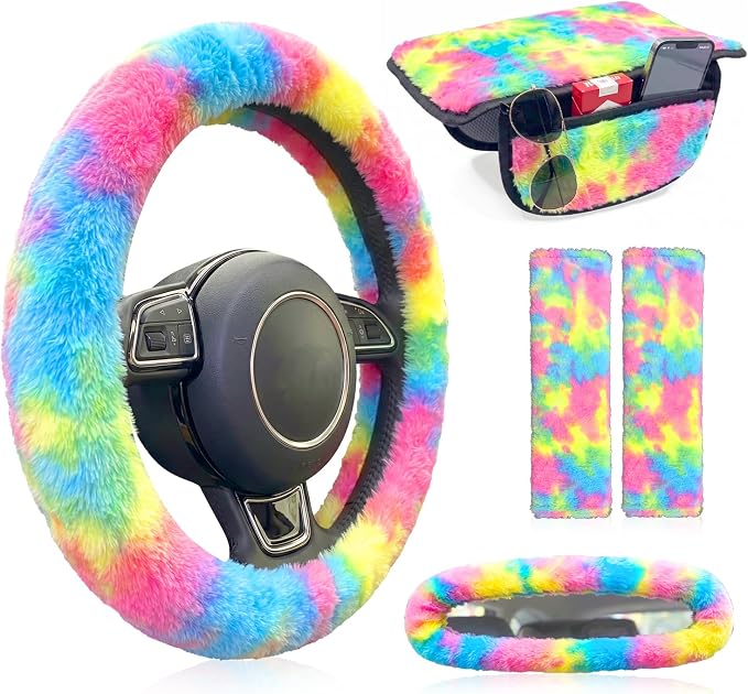 5 Pcs Fuzzy Tie Dye Rainbow Car Accessories Set, Soft Fluffy Plush Steering Wheel Cover, Center Console Armrest Pad & Rearview Mirror Cover - Interior Decorations for Women,Universal Fit (Candy)