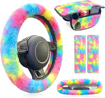 5 Pcs Fuzzy Tie Dye Rainbow Car Accessories Set, Soft Fluffy Plush Steering Wheel Cover, Center Console Armrest Pad & Rearview Mirror Cover - Interior Decorations for Women,Universal Fit (Candy)
