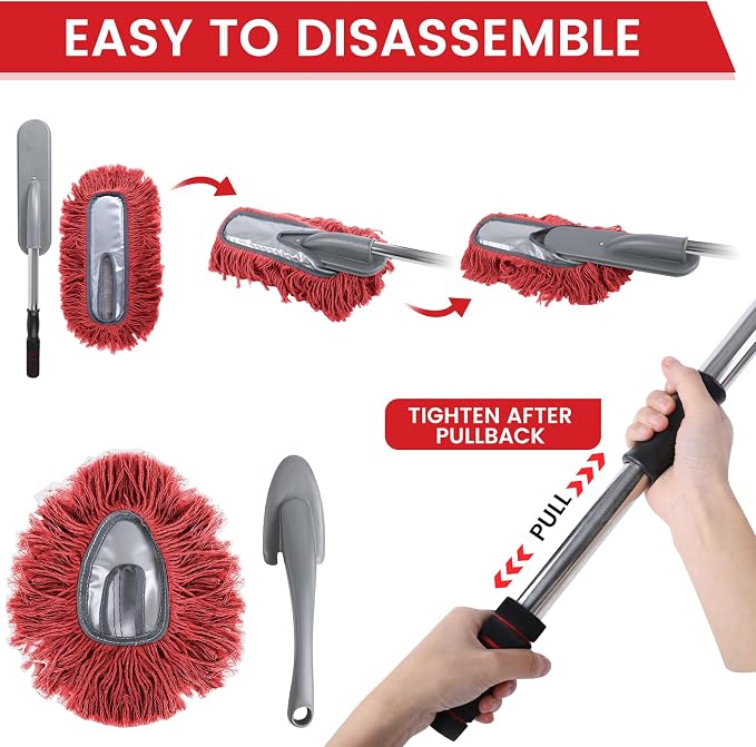 IPELY 2 Pack Large Car Duster Exterior Scratch Free with Extendable Handle and Car Duster Interior, Wax Cotton Hair Dusters (Red)