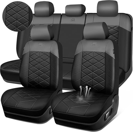 CAR PASS Memory Foam Leather Seat Covers Full Set, Breathable Perforated Nappa Leather Seat Covers Universal Fit for Cars,SUV,Truck Seat Covers Thick 3D Foam Comfortable, Airbag Compatible Black Gray