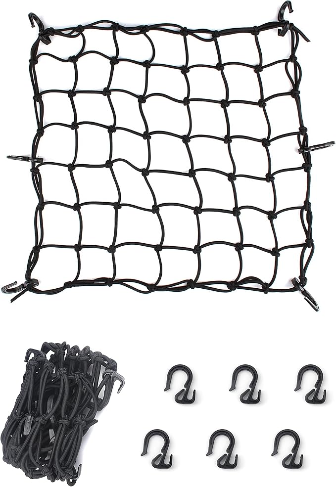 15.7"x15.7" Cargo Net, Heavy Duty Bungee Net Stretches to 31.5"x31.5", Gear Helmet Luggage Thicken Netting with 3"x3" Small Mesh & 6 Adjustable Metal Hooks for Motorcycle, Bike, ATV