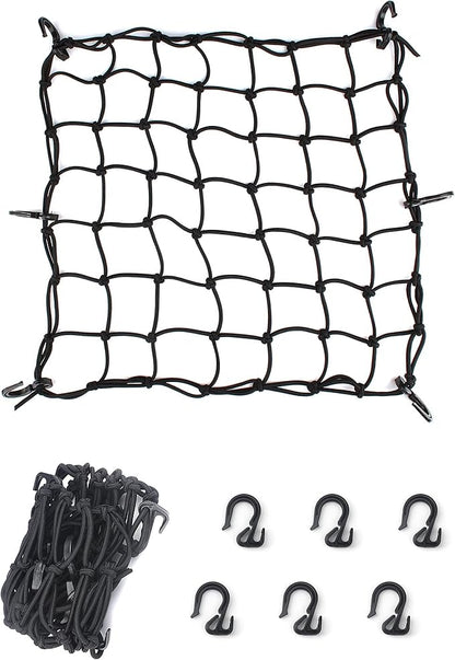 15.7"x15.7" Cargo Net, Heavy Duty Bungee Net Stretches to 31.5"x31.5", Gear Helmet Luggage Thicken Netting with 3"x3" Small Mesh & 6 Adjustable Metal Hooks for Motorcycle, Bike, ATV