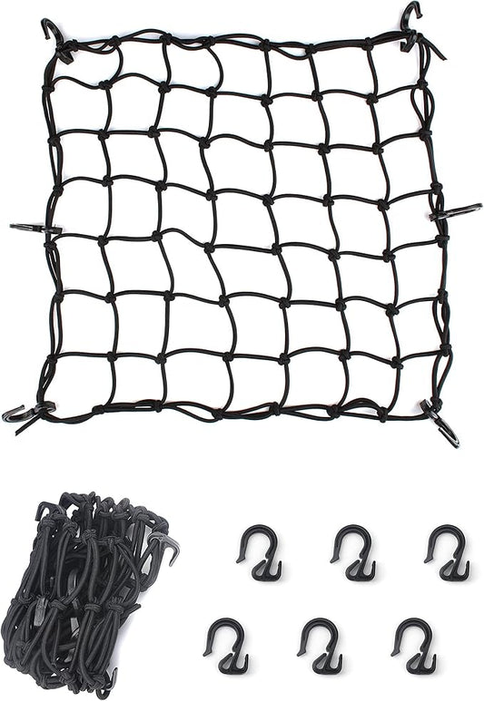 15.7"x15.7" Cargo Net, Heavy Duty Bungee Net Stretches to 31.5"x31.5", Gear Helmet Luggage Thicken Netting with 3"x3" Small Mesh & 6 Adjustable Metal Hooks for Motorcycle, Bike, ATV