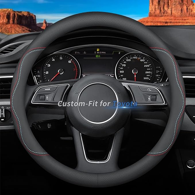 Deer Route Custom-Fit for Toyota Steering Wheel Cover, Premium Leather Car with Logo, Non-Slip, Breathable, Accessories (A-Style, Toyota)